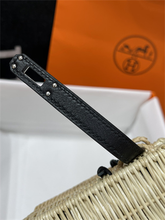 Kelly Mini Picnic Bag 20 Swift Leather Wicker Silver Tone Hardware Black Color HS