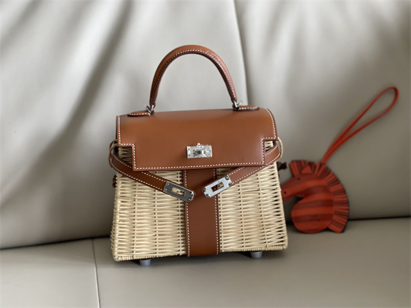 Kelly Mini Picnic Bag 20 Swift Leather Wicker Silver Tone Hardware Brown Color HS