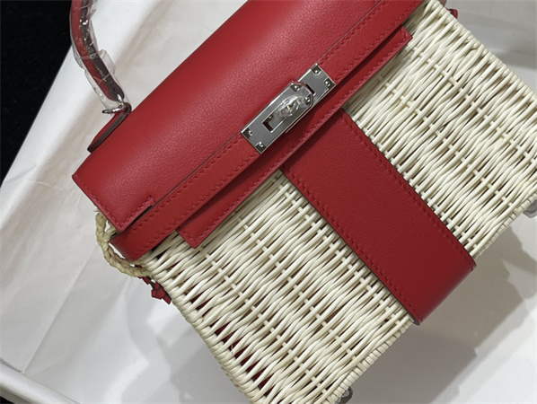 Kelly Mini Picnic Bag 20 Swift Leather Wicker Silver Tone Hardware Red Color HS