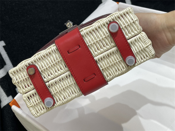 Kelly Mini Picnic Bag 20 Swift Leather Wicker Silver Tone Hardware Red Color HS