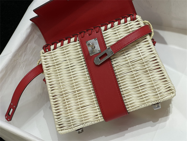 Kelly Mini Picnic Bag 20 Swift Leather Wicker Silver Tone Hardware Red Color HS
