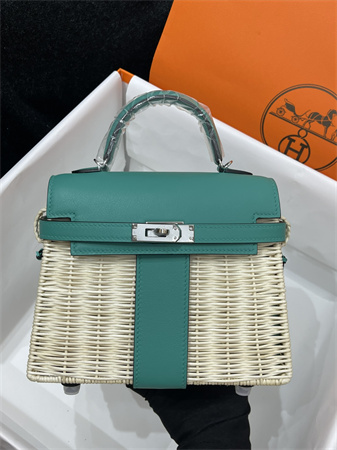 Kelly Mini Picnic Bag 20 Swift Leather Wicker Silver Tone Hardware Green Color HS