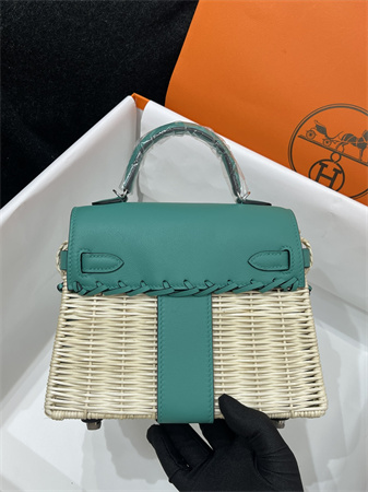 Kelly Mini Picnic Bag 20 Swift Leather Wicker Silver Tone Hardware Green Color HS