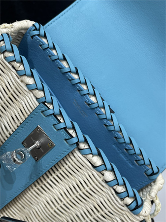 Kelly Mini Picnic Bag 20 Swift Leather Wicker Silver Tone Hardware Blue Color HS