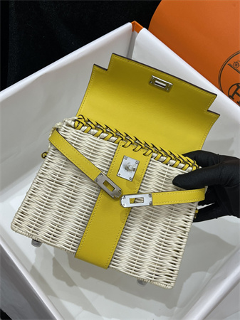 Kelly Mini Picnic Bag 20 Swift Leather Wicker Silver Tone Hardware Yellow Color HS