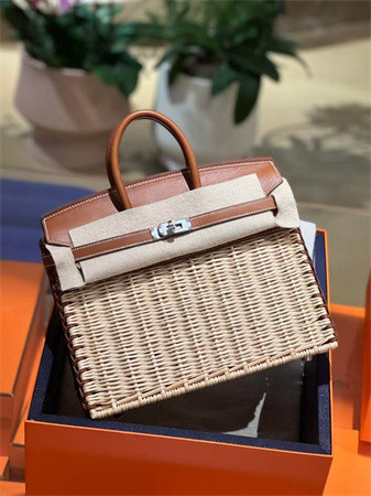 Bir.kin Picnic bag 25 Swift Leather Wicker Silver Tone Hardware Brown HS