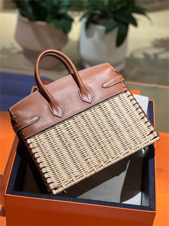 Bir.kin Picnic bag 25 Swift Leather Wicker Silver Tone Hardware Brown HS