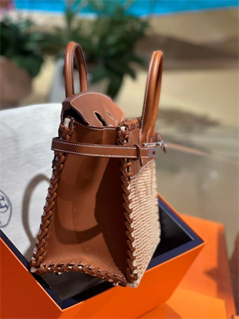 Bir.kin Picnic bag 25 Swift Leather Wicker Silver Tone Hardware Brown HS