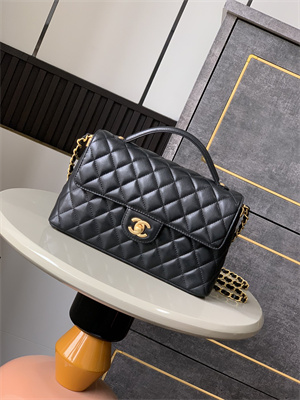 Ch*el flap bag with top handle lambskin gold tone metal black as5356