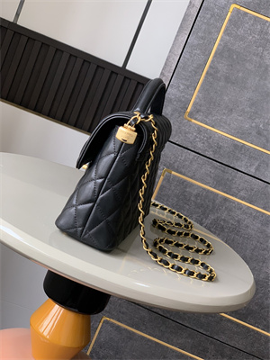 Ch*el flap bag with top handle lambskin gold tone metal black as5356