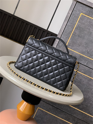 Ch*el flap bag with top handle lambskin gold tone metal black as5356