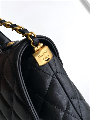Ch*el flap bag with top handle lambskin gold tone metal black as5356