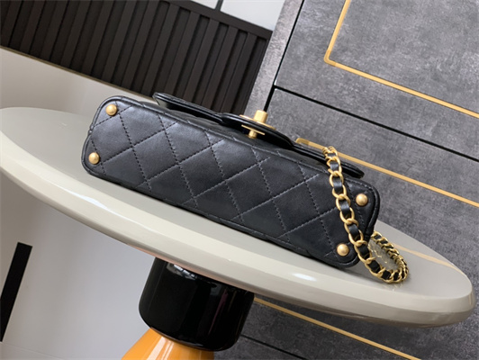 Ch*el mini flap bag with top handle lambskin gold tone metal black as5355