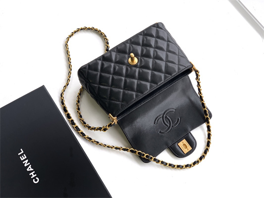 Ch*el mini flap bag with top handle lambskin gold tone metal black as5355