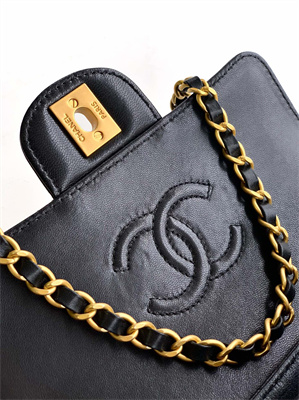 Ch*el mini flap bag with top handle lambskin gold tone metal black as5355