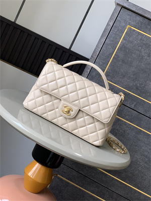 Ch*el flap bag with top handle lambskin gold tone metal beige as5356