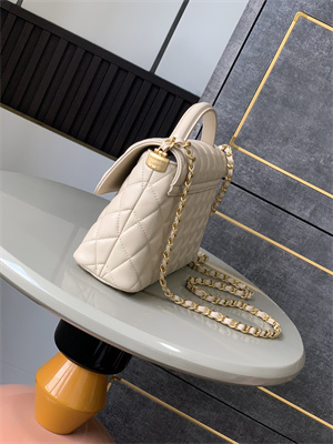 Ch*el flap bag with top handle lambskin gold tone metal beige as5356