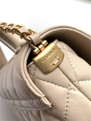 Ch*el flap bag with top handle lambskin gold tone metal beige as5356