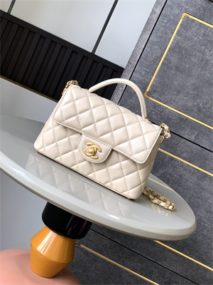 Ch*el mini flap bag with top handle lambskin gold tone metal beige as5355