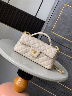 Ch*el mini flap bag with top handle lambskin gold tone metal beige as5354