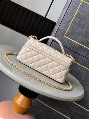 Ch*el mini flap bag with top handle lambskin gold tone metal beige as5354