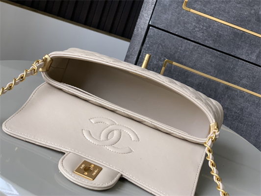 Ch*el mini flap bag with top handle lambskin gold tone metal beige as5354