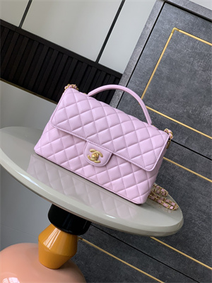 Ch*el flap bag with top handle lambskin gold tone metal pink as5356