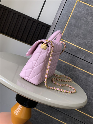 Ch*el flap bag with top handle lambskin gold tone metal pink as5356