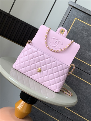 Ch*el flap bag with top handle lambskin gold tone metal pink as5356