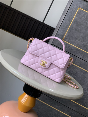 Ch*el mini flap bag with top handle lambskin gold tone metal pink as5355
