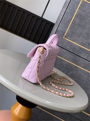 Ch*el mini flap bag with top handle lambskin gold tone metal pink as5355