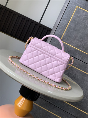 Ch*el mini flap bag with top handle lambskin gold tone metal pink as5355