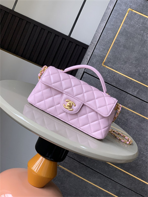 Ch*el mini flap bag with top handle lambskin gold tone metal pink as5354