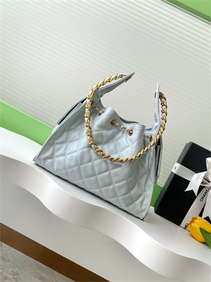 Ch*el 25 small handbag grained calfskin gold tone metal blue as5293