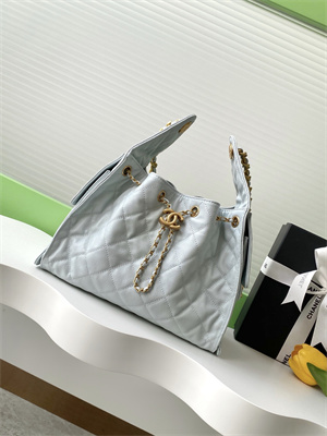 Ch*el 25 small handbag grained calfskin gold tone metal blue as5293