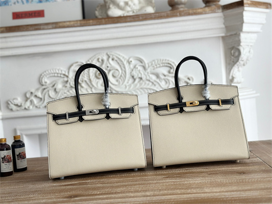 Bir.kin Sellier Bag Epsom Leather 25CM Gold/Silver Hardware In Craie/Black HS