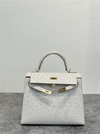 Kelly Sellier Bag Ostrich Leather 25 Gold/Silver Hardware In Craie Color HS