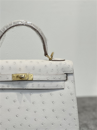 Kelly Sellier Bag Ostrich Leather 25 Gold/Silver Hardware In Craie Color HS
