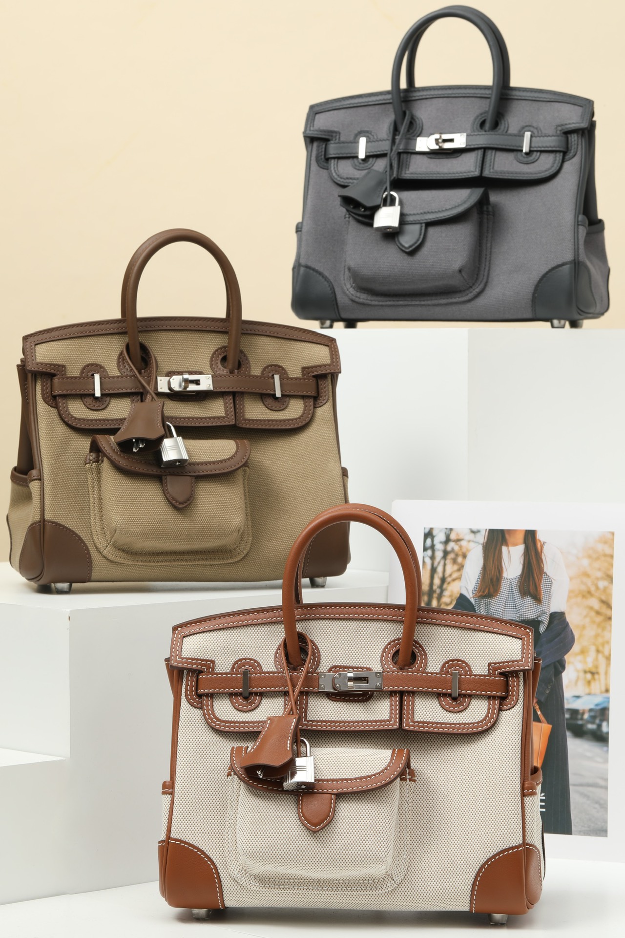 Birkin Cargo Bag 25 Swift Leather/Canvas Silver Hardware 7 Color Options HS