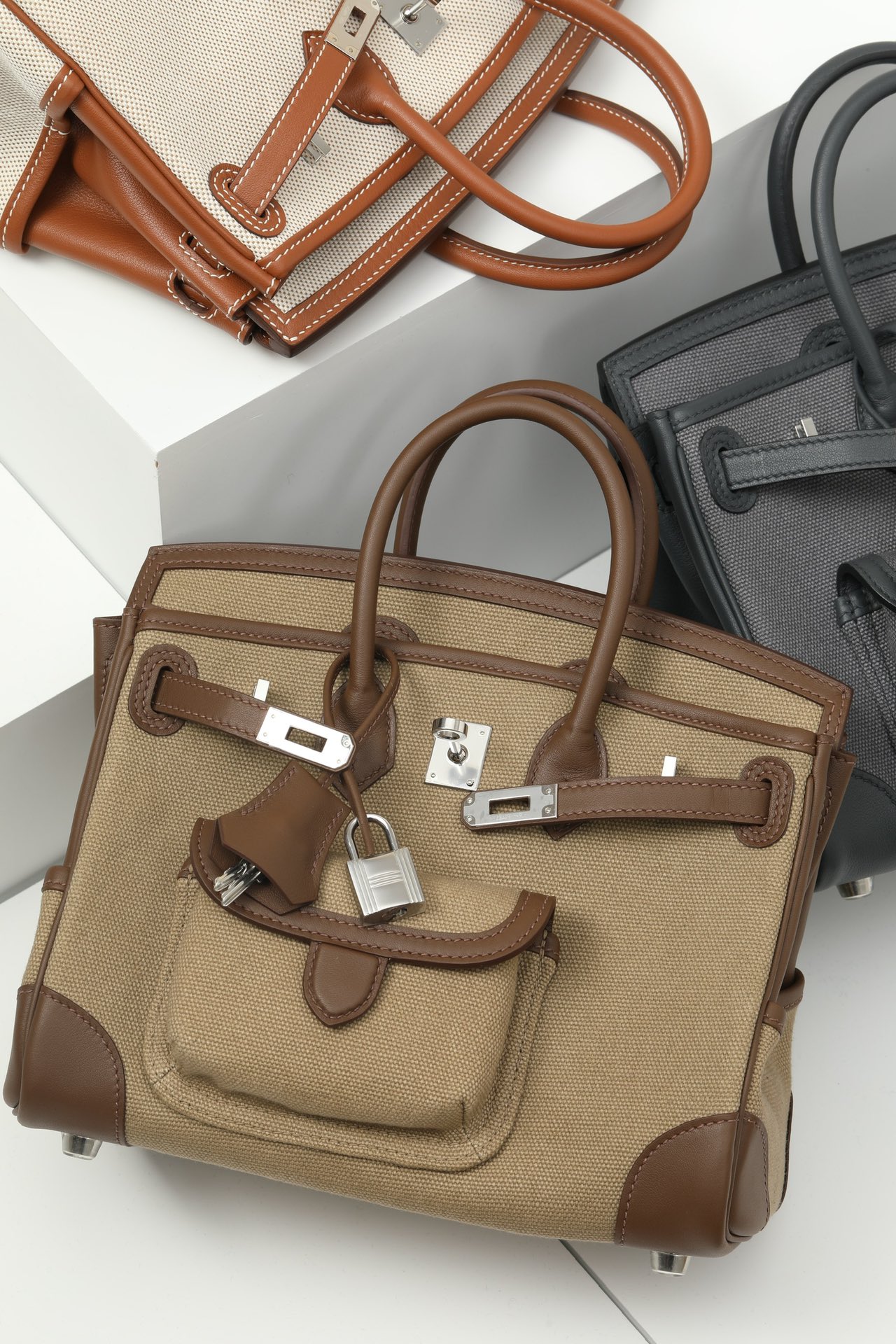 Birkin Cargo Bag 25 Swift Leather/Canvas Silver Hardware 7 Color Options HS