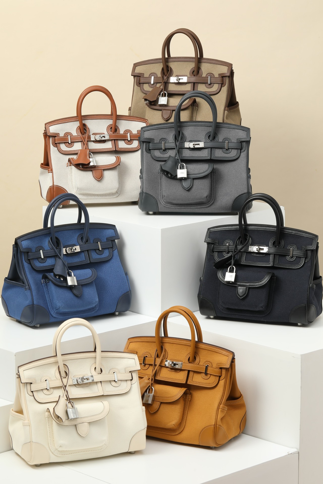 Birkin Cargo Bag 25 Swift Leather/Canvas Silver Hardware 7 Color Options HS