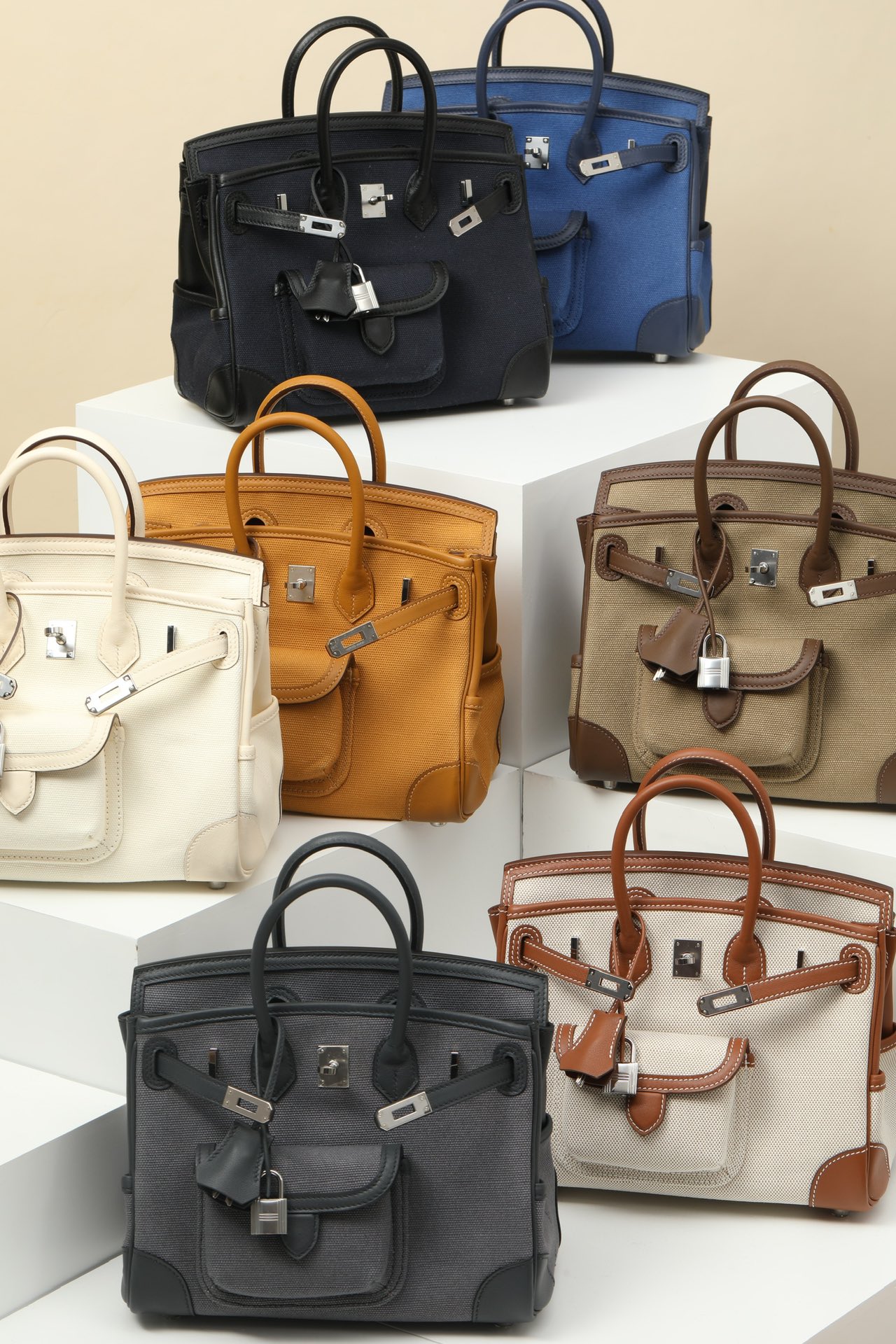 Birkin Cargo Bag 25 Swift Leather/Canvas Silver Hardware 7 Color Options HS