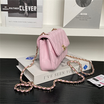 Ch*el flap phone holder with chain lambskin gold-tone metal pink ap4592