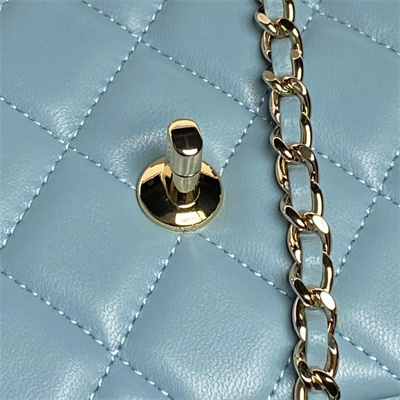 Ch*el flap phone holder with chain lambskin gold-tone metal blue ap4592