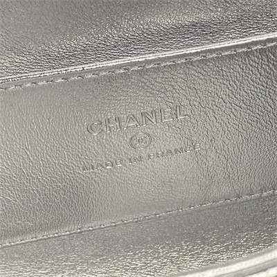 Ch*el flap phone holder with chain lambskin sivler-tone metal silver ap4592