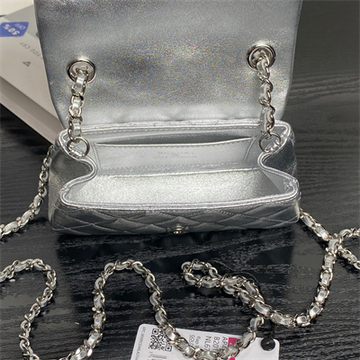 Ch*el mini flap phone holder with chain lambskin silver-tone metal silver ap4593