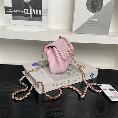 Ch*el mini flap phone holder with chain lambskin gold-tone metal pink ap4593