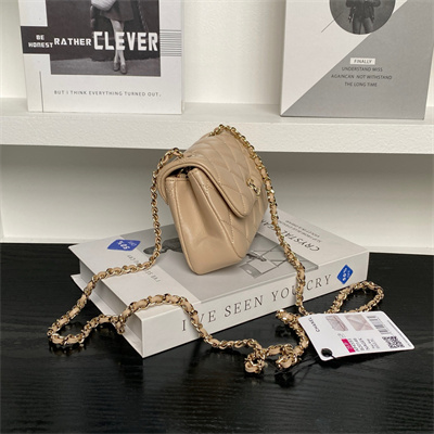 Ch*el mini flap phone holder with chain lambskin gold-tone metal beige ap4593