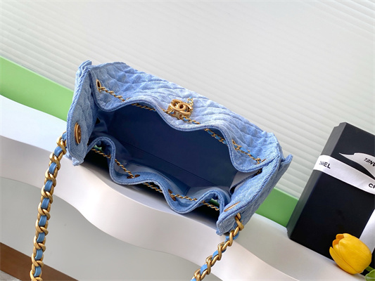 Ch*el 25 small handbag blue denim gold tone metal as5293