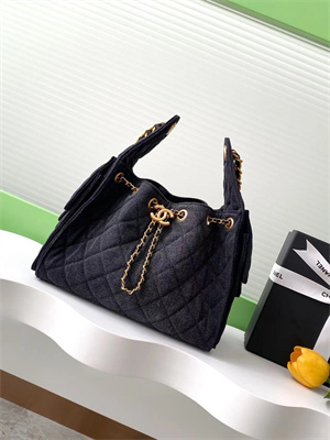 Ch*el 25 small handbag black denim gold tone metal as5293